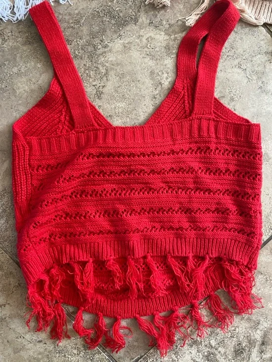 Fringe Tie Front Knit Crop Festival Party Top Red White and Beige size Small - Picture 8 of 8